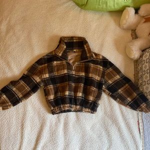 Teddy jacket, brown, gray and tan plaid design.